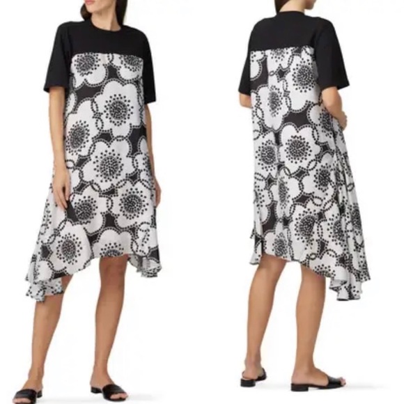 Clu Contrast Panels Asymmetric Floral Midi Dress black & white Dress - Size 1X - Picture 1 of 13